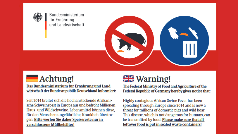 Handzettel des Bundesministeriums f&uuml;r Ern&auml;hrung und Landwirtschaft mit Informationen zur Afrikanischen Schweinepest.http://www.bmel.de/SharedDocs/Downloads/Tier/Tiergesundheit/Tierseuchen/ASP/ASP-Handzettel_Druck.pdf?__blob=publicationFile
