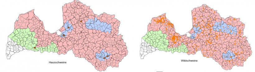 Epidemiologische Lage hinsichtlich der ASP in Lettland zwischen dem 1.&nbsp;Januar und dem 17.&nbsp;September 2017 (Quelle: Food and Veterinary Service. Republic of Latvia)
