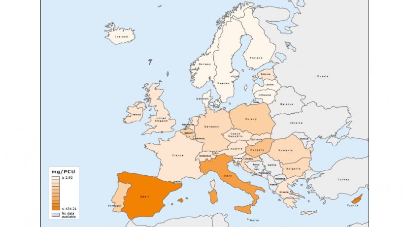 Geografische Verteilung der Gesamtabgabemengen von Antibiotika f&uuml;r Lebensmittel liefernde Tiere im Jahr 2015, in mg/PCU
