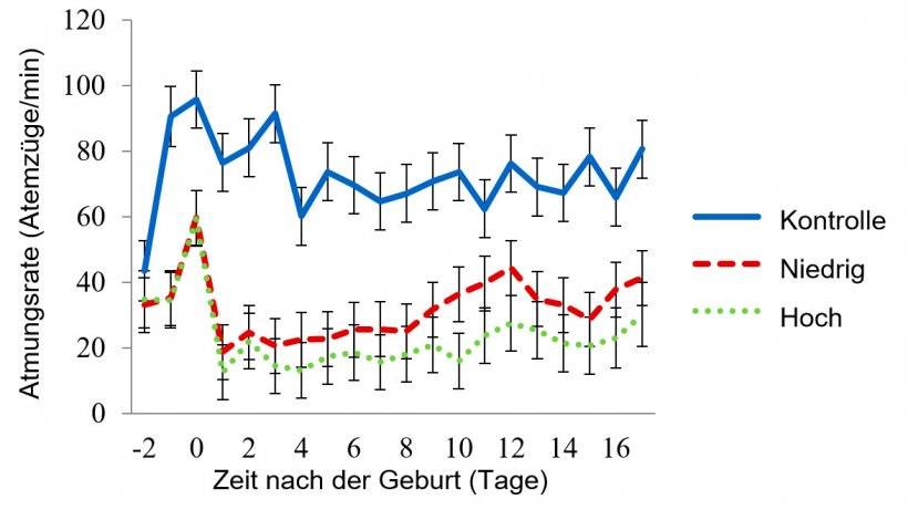 Abbildung 4: Least-Square-Mittelwerte der Atmungsraten im Raum mit moderater Hitzebelastung: Die Raumtemperaturen f&uuml;r die moderate Hitzebelastung wurden von 08:00-16:00 Uhr auf 32 &deg;C und f&uuml;r den Rest des Tages auf 27 &deg;C eingestellt. Die Atmungsrate wurde vom Wasserdurchfluss der Paneele (WD), der Raumtemperatur (RaumT), der Tageszeit (Zeit), dem Tag der Laktation und den Wechselwirkungen von WD x RaumT, WD x Zeit, RaumT x Zeit beeinflusst (P &lt; 0,001).
