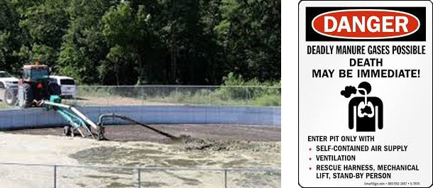 <p><em>Links: </em>Der Aufenthalt von Personen im Lee einer offenen Jauchegrube kann beim Bewegen oder Abpumpen der Gülle aufgrund hoher H2S-Konzentrationen gefährlich sein. <em>Rechts:</em> Warnschilder wie das hier abgebildete sollten außen an den Schweineställen angebracht werden, um an die vorgeschriebenen Sicherheits- und Verhaltensmaßnahmen zu erinnern.</p>
