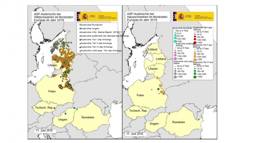 Karte der 2018 (bis 11.06.2018) in Estland, Ungarn, Lettland, Litauen, Polen, der Tschechischen Republik und Rum&auml;nien gemeldeten Ausbr&uuml;che (Quelle: RASVE-ADNS)
