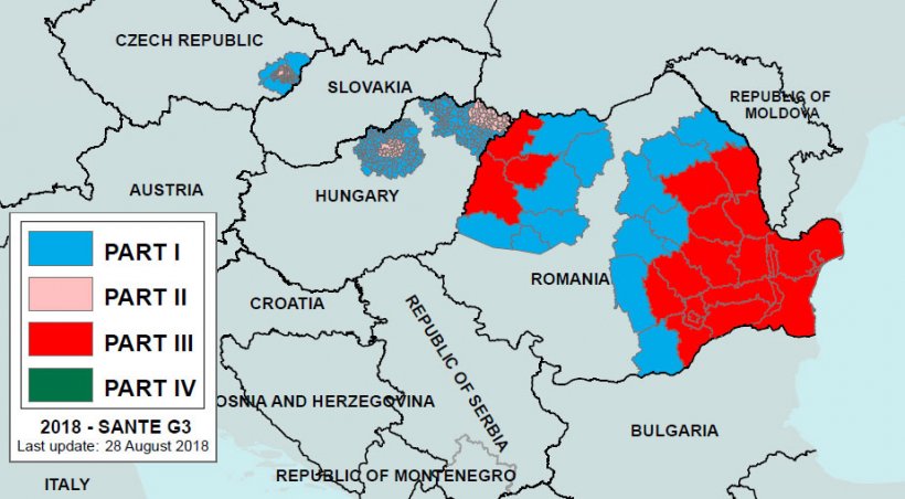 Abbildung 2: ASP-Regionalisierung in Rum&auml;nien und Nachbarl&auml;ndern zum 28.&nbsp;August 2018. Teil I: Hochrisikogebiet, aber keine Ausbr&uuml;che. Teil III: Gebiet mit gemeldeten Ausbr&uuml;chen. Quelle: Europ&auml;ische Kommission
