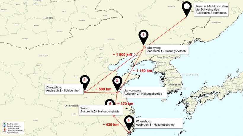 Lagekarte der ASP-Ausbr&uuml;che in China
