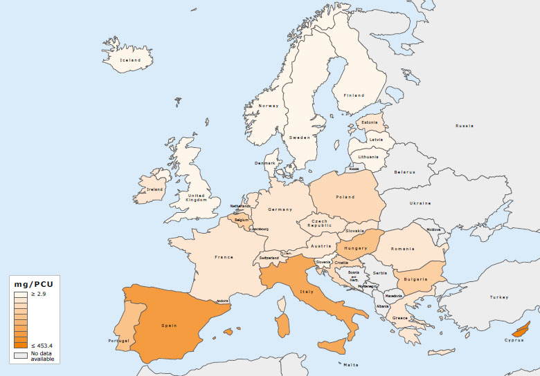 Geografische Verteilung der Gesamtabgabemengen von Antibiotika f&uuml;r Lebensmittel liefernde Tiere im Jahr 2016, in mg/PCU
