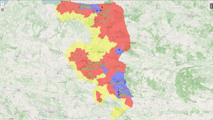 Geografische Lage der im Jahr 2019 bei Hausschweinen festgestellten ASP-F&auml;lle
