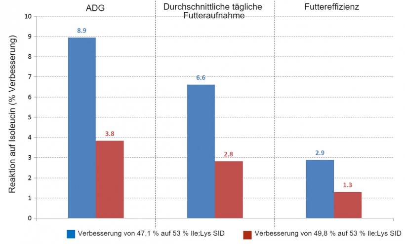 Abbildung 2: Reaktion der Schweine auf erh&ouml;hte Ile:Lys SID-Verh&auml;ltnisse. Quelle: Ajinomoto Animal Nutrition Europe
