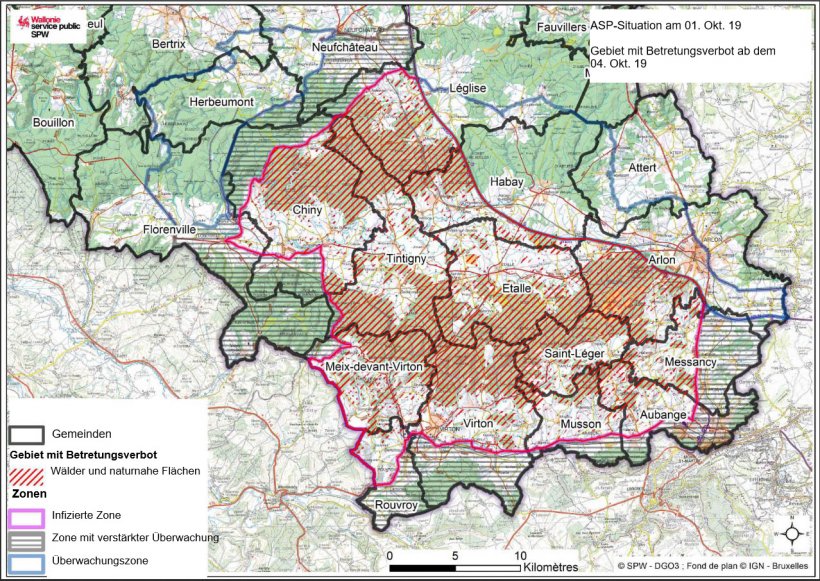 Karte der Gebiete, in denen das Betreten der W&auml;lder ab dem 4. Oktober 2019 untersagt ist
