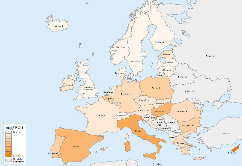 Geografische Verteilung der Gesamtabgabemengen von antimikrobiellen Wirkstoffen f&uuml;r Lebensmittel liefernde Tiere, in mg/PCU, in 31 europ&auml;ischen L&auml;ndern im Jahr 2017
