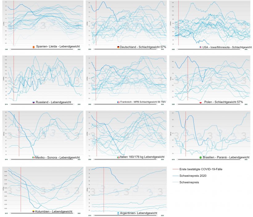 Abbildung 2: J&auml;hrliche Entwicklung des Schweinepreises nach L&auml;ndern (blau). Die dicke Linie stellt den Preis im Jahr 2020 dar. Die rote Linie kennzeichnet das Datum, an dem der erste COVID-19-Fall best&auml;tigt wurde.
