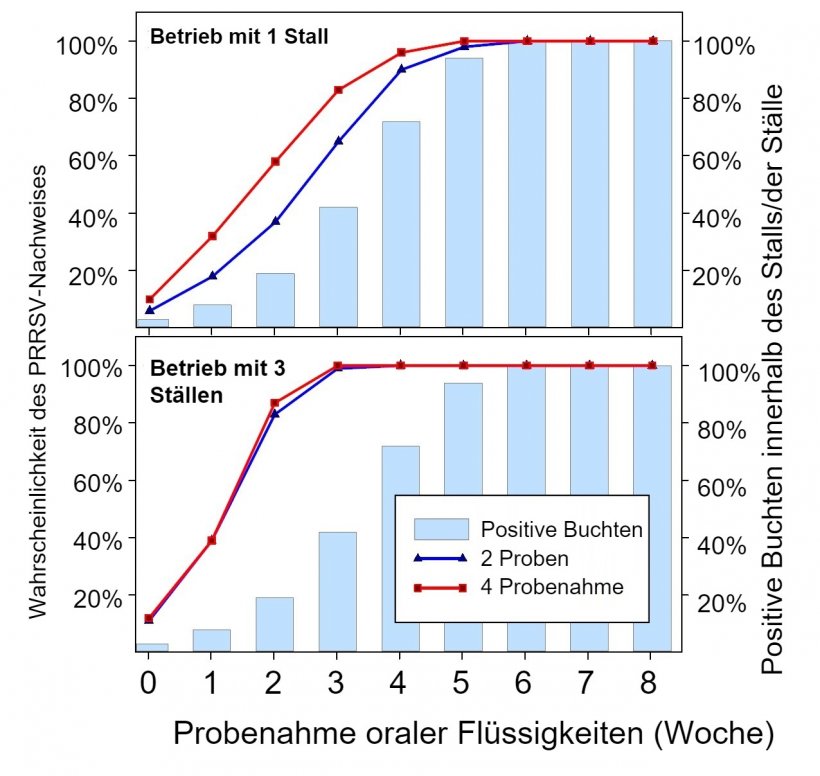 Abbildung 1: &nbsp;PRRSV-Nachweis mit fester r&auml;umlicher Probenahme.&nbsp; Wahrscheinlichkeit des Nachweises von &ge; 1 PRRSV-positiven Proben in Abh&auml;ngigkeit der Anzahl der pro Stall (2 oder 4) getesteten oralen Fl&uuml;ssigkeiten und der Anzahl der St&auml;lle pro Betrieb (1 oder 3).&nbsp; Beachten Sie, dass die Nachweiswahrscheinlichkeit mit der Anzahl der beprobten St&auml;lle geometrisch steigt.&nbsp; Daten von Rotolo et al., (2017). 
