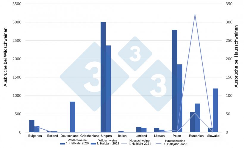 ASP-Ausbr&uuml;che bei Wild- und Hausschweinen in der EU von Januar bis Juni 2021

