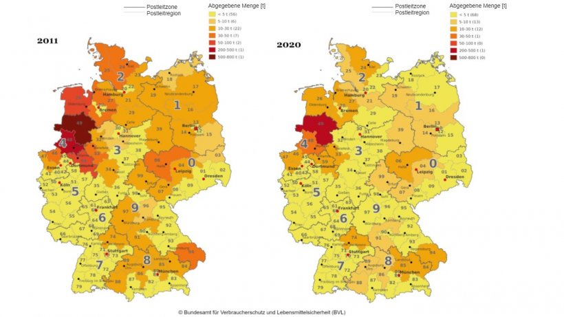 Antibiotika-Abgabemengen in der Tiermedizin nach Postleitregion in den Jahren 2011 und 2020. Quelle: BVL.