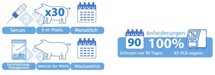 Kategorie II Positiv Stabil: OPTION 2) Kombination von Serum und Verarbeitungsfl&uuml;ssigkeiten. Serum von 30 absetzf&auml;higen Ferkeln, die monatlich in 5er-Pools getestet werden. Eine Sammelprobe von Verarbeitungsfl&uuml;ssigkeiten wird w&ouml;chentlich mittels RT-PCR getestet. Die meisten W&uuml;rfe, an denen in der entsprechenden Woche zootechnische Eingriffe vorgenommen wurden, sollten in der Probe vertreten sein. Alle Proben m&uuml;ssen in einem Zeitraum von 90 Tagen negativ sein, um dieser Kategorie zugeordnet zu werden.
