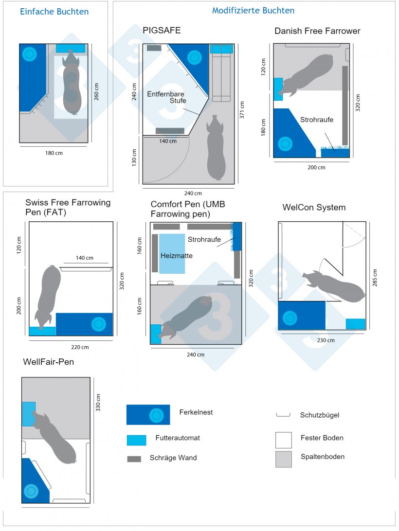 Abbildung 2: Verschiedene Modelle von Abferkelbuchten ohne Kastenst&auml;nde. Infografik erstellt von 333 auf der Grundlage von Informationen von www.freefarrowing.org.
