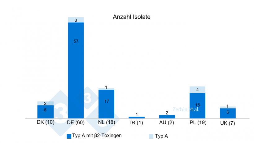 Abb. 4: Anzahl und Prozent der C. perfringens Isolate mit und ohne &szlig;2-Toxingen (n gesamt: 117) pro Ursprungsland. Anzahl der Isolate pro Land in Klammern.
