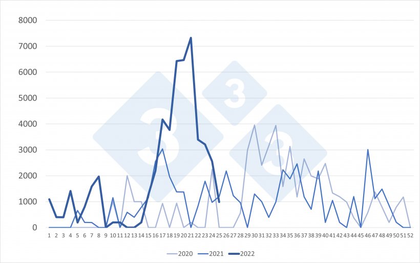 W&ouml;chentliche Importe von Schweinen aus den Niederlanden (St&uuml;ck). Quelle: 333 auf Grundlage von RVO-Daten
