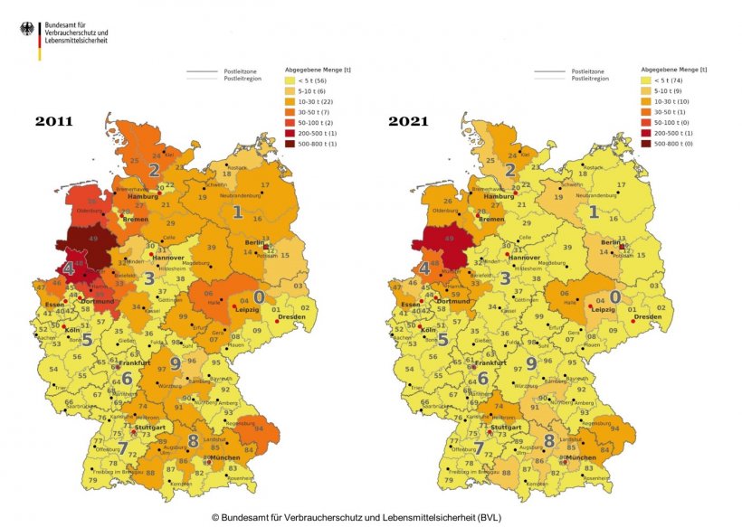 Abbildung 1: Antibiotika-Abgabemengen in der Tiermedizin nach Postleitregion in den Jahren 2011 und 2021. Quelle: BVL.
