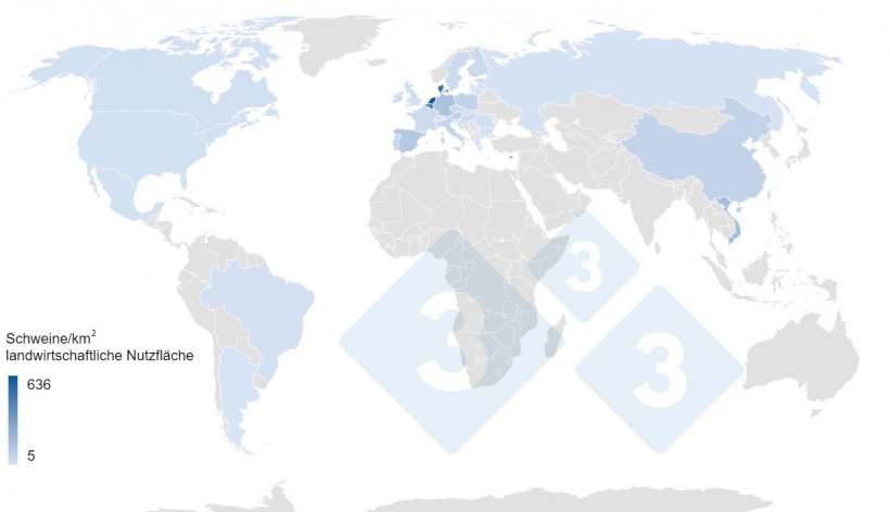Anzahl der Schweine/km2 landwirtschaftliche Nutzfl&auml;che in den wichtigsten Erzeugerl&auml;ndern der Welt im Jahr 2020. Daten zur landwirtschaftlichen Nutzfl&auml;che: Weltbank. Erhobene Daten: 3tres3
