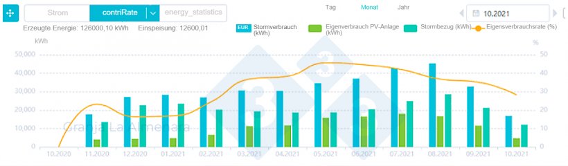 Abbildung 1: Monatliche Entwicklung der von der Fotovoltaikanlage erzeugten und der verbrauchten Energie
