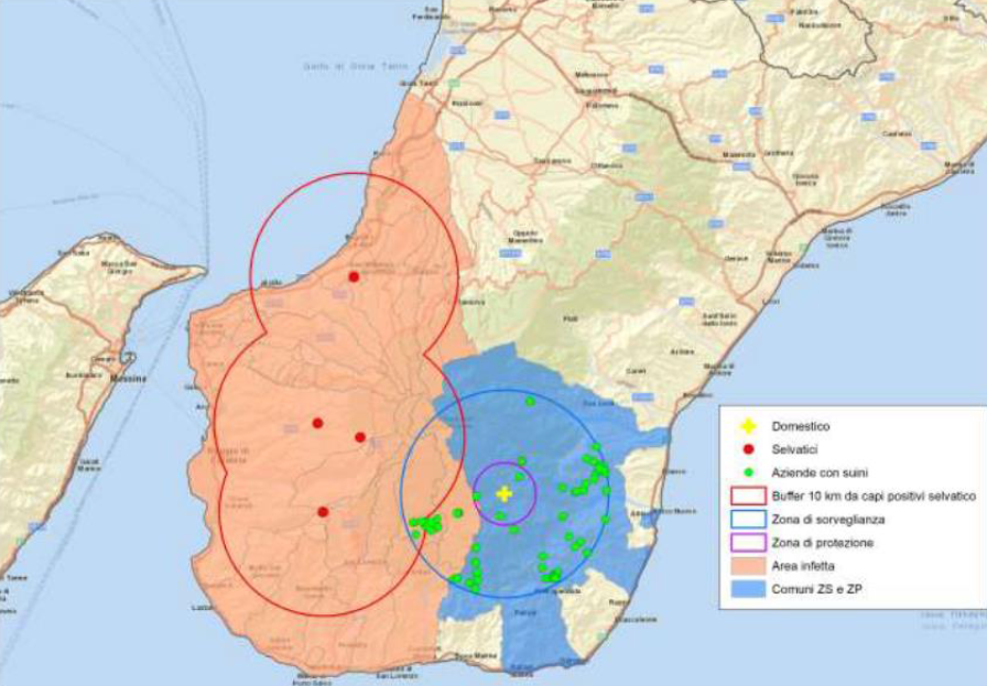 <p>Lage der neuen ASP-Ausbr&uuml;che in der Region Kalabrien, Italien<br />
(rote Punkte: F&auml;lle bei Wildschweinen; gelbes Kreuz: Ausbr&uuml;che in Schweinebetrieben). Quelle: MAPA</p>
