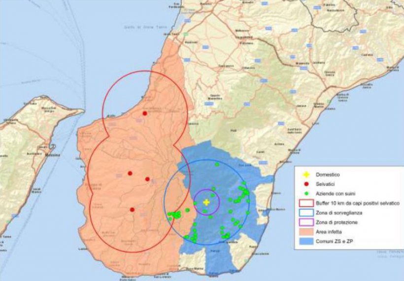 Lage der neuen ASP-Ausbr&uuml;che in der Region Kalabrien, Italien
(rote Punkte: F&auml;lle bei Wildschweinen; gelbes Kreuz: Ausbr&uuml;che in Schweinebetrieben). Quelle: MAPA
