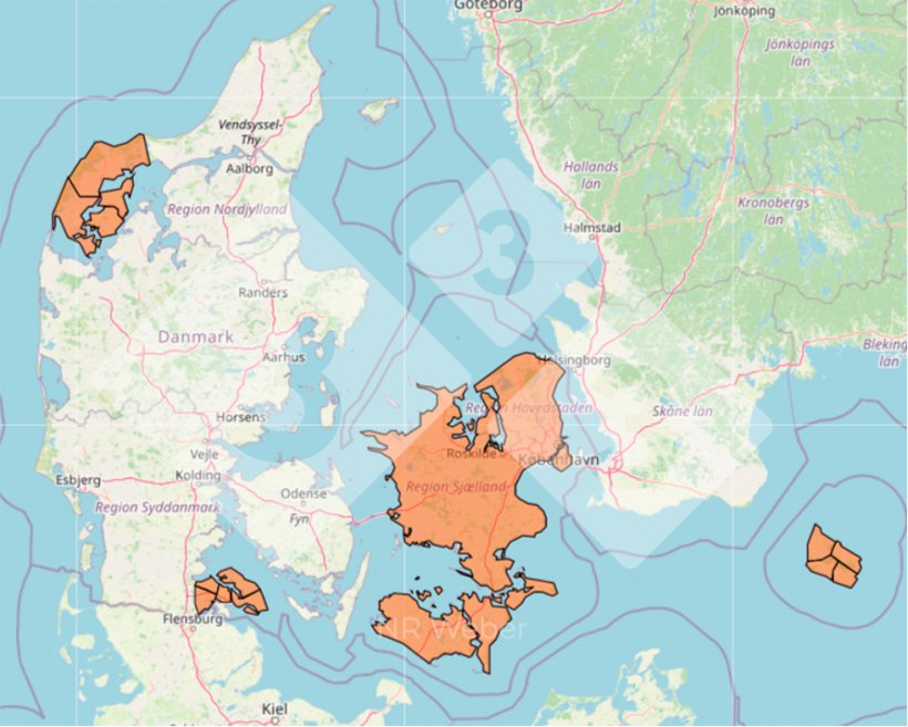 Abb. 3: Stand der nationalen Bek&auml;mpfungsstrategie in D&auml;nemark. Gebiete mit bereits bestehenden regionalen Tilgungsprogrammen sind orange gekennzeichnet.
