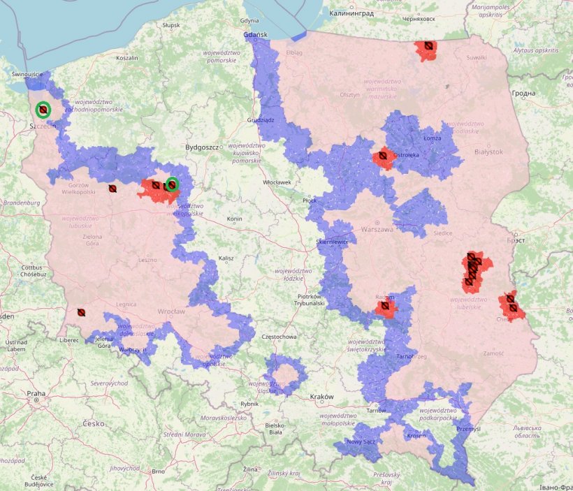 Zwei neue ASP-Ausbr&uuml;che in Polen, gr&uuml;n markiert
