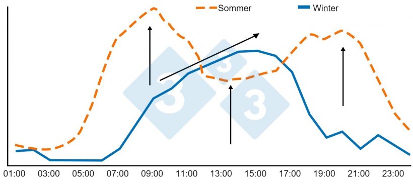 Abb. 4: Trinkverhalten bei Mast- und Absetzschweinen zwischen 88-95 kg im Sommer und Winter. Quelle: Brumm, M.C. 2006
