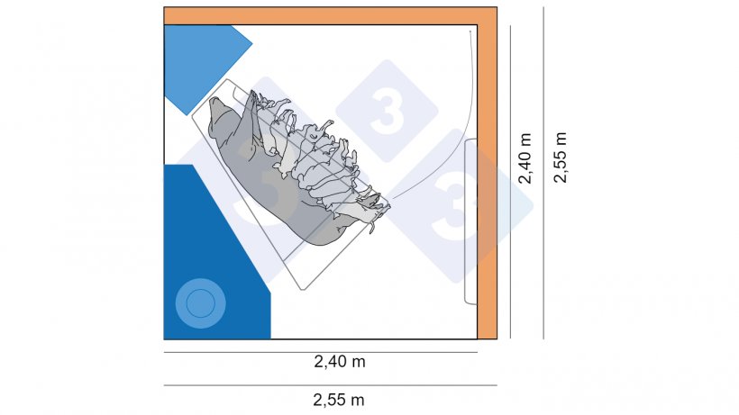 Abbildung 4: Die ersten Kastenst&auml;nde in D&auml;nemark hatten eine Gr&ouml;&szlig;e von 2,4 m x 2,4 m, w&auml;hrend die neueren Ausf&uuml;hrungen 2,55 m x 2,55 m gro&szlig; sind und mehr Platz f&uuml;r gro&szlig;e W&uuml;rfe und Bewegungsm&ouml;glichkeiten f&uuml;r die Sau bieten.
