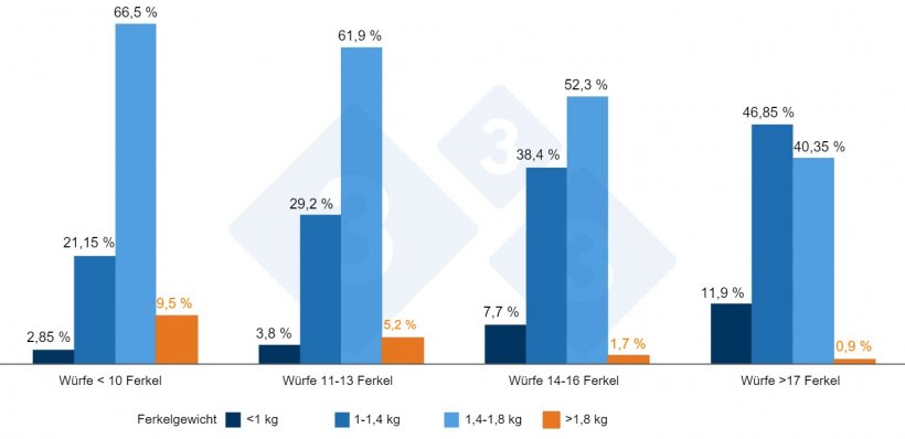 Schaubild 2: Geburtsgewichte je nach Wurfgr&ouml;&szlig;e. Quelle: ThinkinPig 2015
