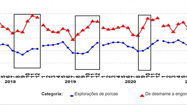 Gr&aacute;fico 1. Percentagem de amostras PCR positivas para as categorias de&nbsp;reprodutores e porcos de desmame. Os rectângulos negros mostram os picos mais acentuados e/ou mais precoces nos dados de desmame em comparação com os das explorações de reprodutores/porcas.&nbsp;Fonte:&nbsp;ISU-VDL: Iowa State University Veterinary and Diagnostic Laboratory; UMN-VDL: University of Minnesota Veterinary and Diagnostic Laboratory; SDSU-ADRDL; South Dakota State University Animal Disease Research and Diagnostic Laboratory; KSU-VDL: Kansas State University Veterinary and Diagnostic Laboratory; OH-ADDL: Ohio Animal Disease and Diagnostic Laboratory.
